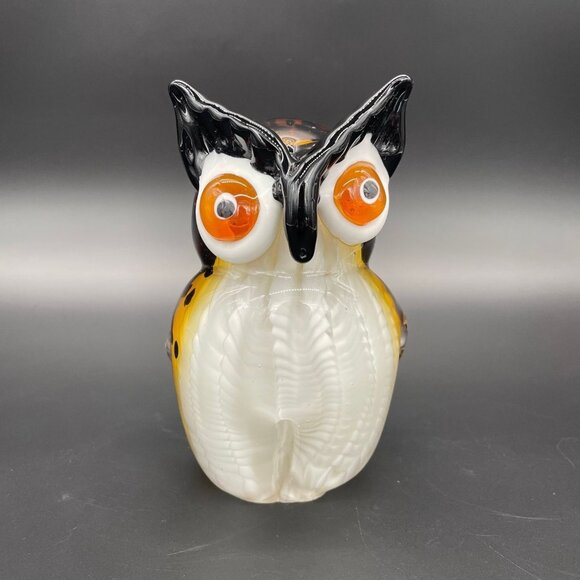 Art Glass Owl Paperweight Handmade Bird Black Orange Big Eyes Kitschy Woodland - Picture 1 of 9